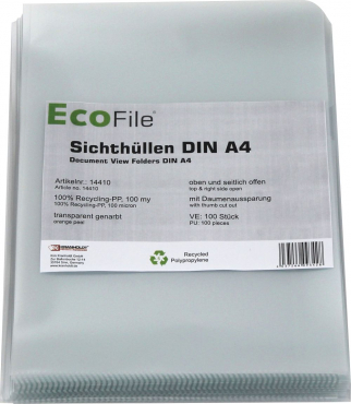 Sichthüllen / Aktenhüllen A4 nachhaltig, Recycling PP 100 my, mit Daumenaussparung, oben und seitlich offen, Farbe: transparent genarbt - 100 Stück
