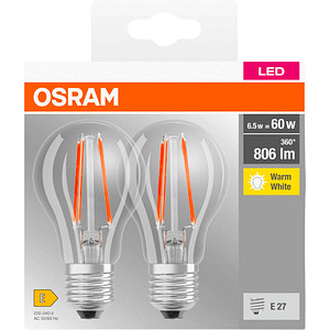 2 OSRAM LED-Lampen Base CLASSIC A60 Multipack E27 6 W klar