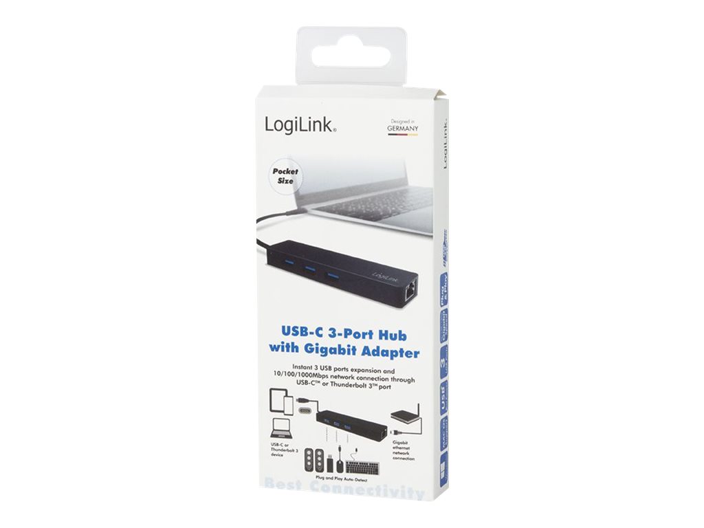 LOGILINK USB 3.1 HUB 3-port Type-C w/Gigabit LAN schwarz