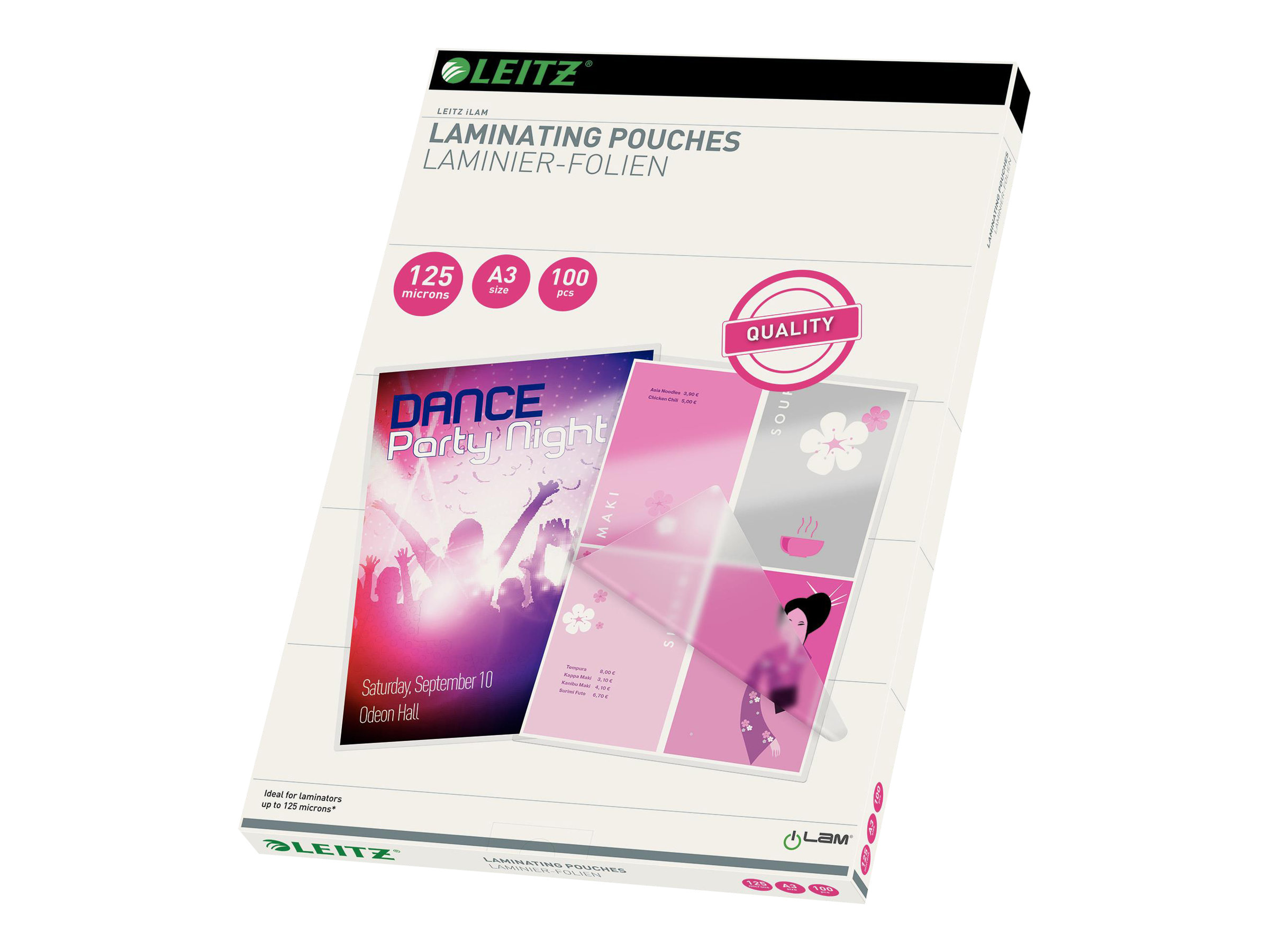 LEITZ Folientaschen A3 125mic 100St Heisslaminierfolien perfekte Versiegelung g