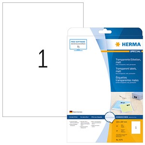 HERMA Etiketten transparent matt A4 210x297 mm Folie 25 St.
