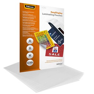 25 Fellowes Admire EasyDisplay Laminierfolien glänzend für A3 selbstklebender Rücken
