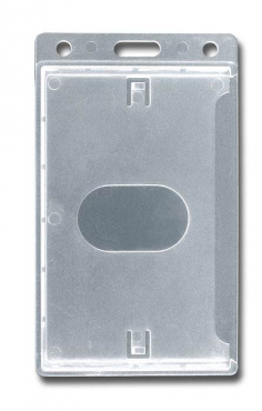 Kartenhalter / Cardholder / Namensschild,passend für 1 Karte, vertikal tragbar, mit Daumenaussparung, mit Rundlöchern und Langloch, aus Polykarbonat, Farbe: transparent matt -10 Stück