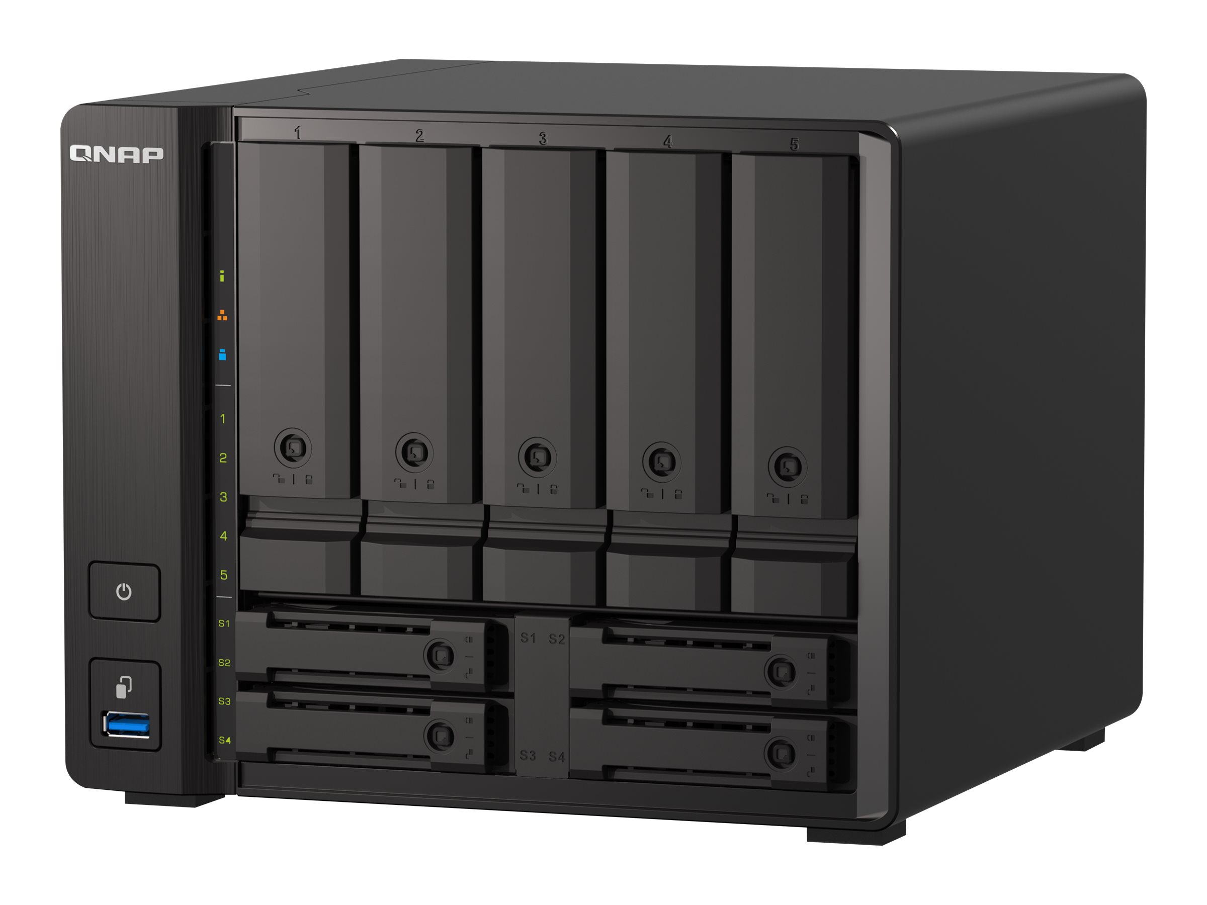 QNAP 9-bay NAS, AMD Ryzen V1500B 4C 8T 2.2GHz, 32GB DDR4 SODIMM, 5 x 2.5"/3.5" 