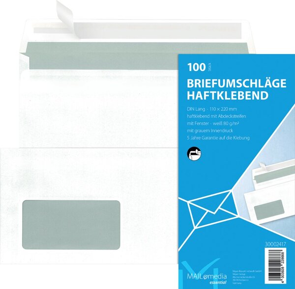 Briefumschlag DIN Lang, mit Fenster, Haftklebung weiß, 72g