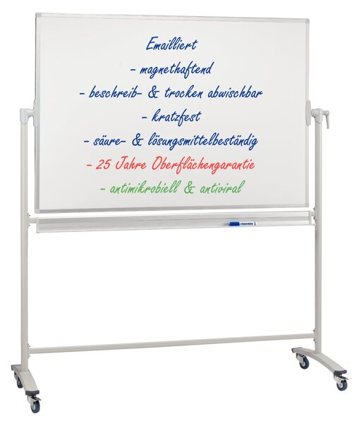 Stativ-Drehtafel 150 x 100 cm antimikrobiell, emailliert, weiß