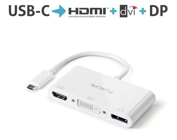 Adapter USB-C auf Multiport, weiß, DVI mit FullHD, DP mit 4K60Hz, 0,10 m,
