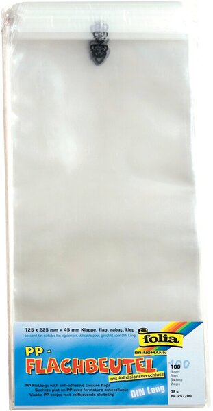 Flachbeutel aus PP, mit Klappe, 38my, DIN Lang, 125x225mm