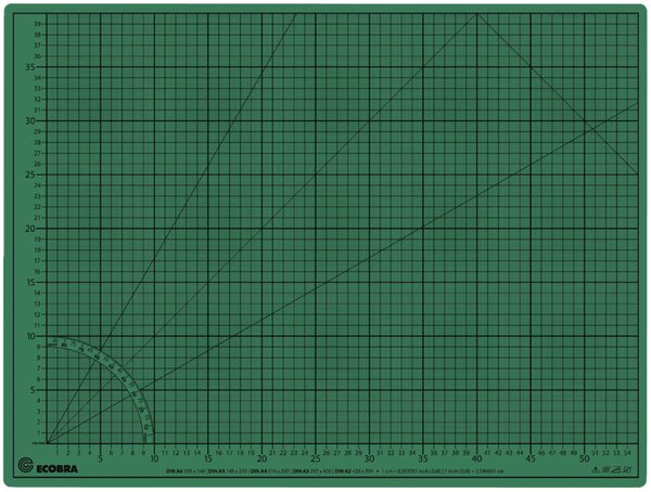Schneidematte, 60x45cm, grün/schwarz 5-lagig, bedruckt mit 10-und 50mm