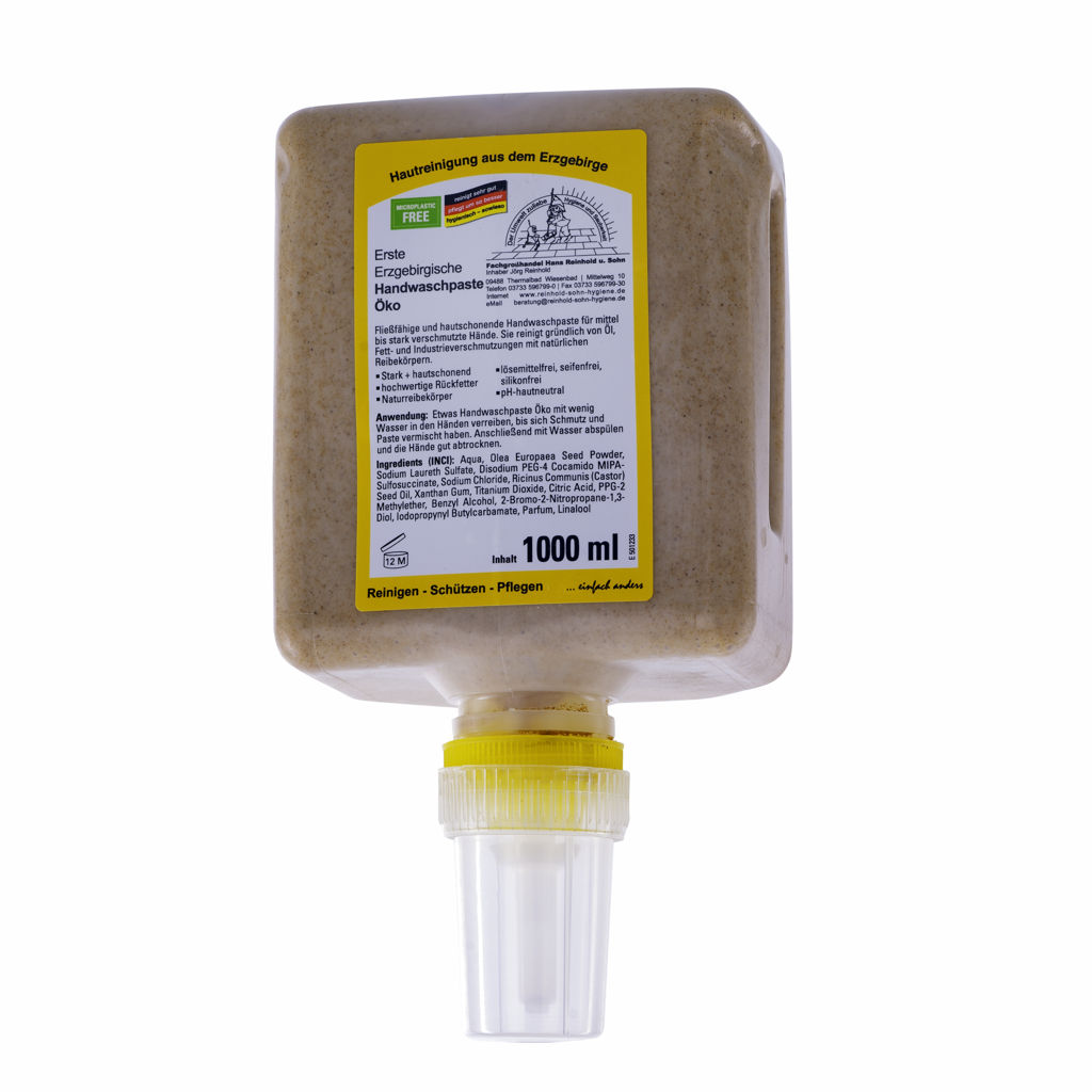 Erste Erzgebirgische Handwaschpaste Öko | 1 Liter-Patrone Mikroplastik-Frei, passend für Spender 70334 (manuell) und 70485 (berührungslos) Erste Erzgebirgische Handwaschpaste Öko | 1 Liter-Patrone Mikroplastik-Frei, passend für Spender 70334 (manuell) und 70485 (berührungslos)