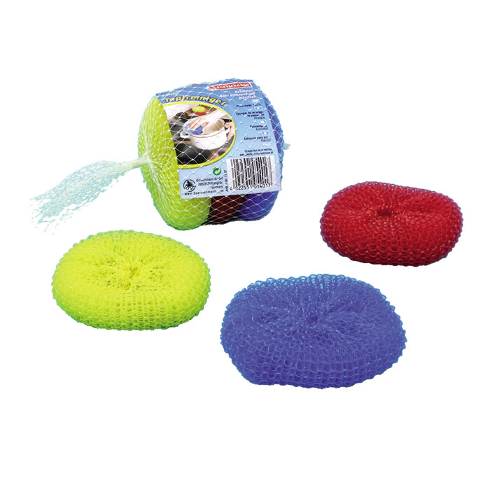 Topfreiniger, Kunststoff 3er-Set | farbig 3 Topfkratzer im Netz Topfreiniger, Kunststoff 3er-Set | farbig 3 Topfkratzer im Netz