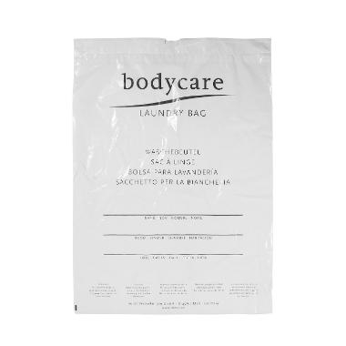 Wäschebeutel aus LDPE "Bodycare", weiss, 410 x 580 x 0,035 mm | 500 Stück mit Zugband und 1-seitigem Druck in grau Wäschebeutel aus LDPE "Bodycare", weiss, 410 x 580 x 0,035 mm | 500 Stück mit Zugband und 1-seitigem Druck in grau