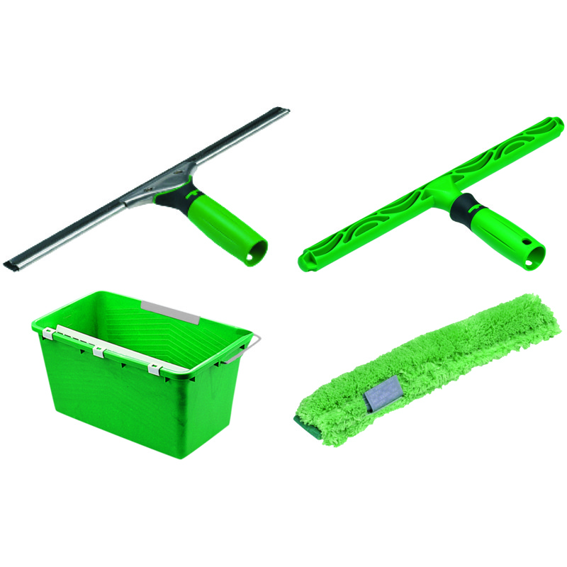 Glasreinigungsset | AK013 1 x Wischer 35 cm, 1 x Trägerteil 35 cm, 1 x MicroStrip Bezug 35 cm, 1 x Eimer 18 Liter