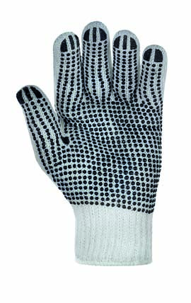 Grobstickhandschuhe, Polyester/Bauwolle | weißmit einseitig aufgebrachten schwarzen PVC-Noppen auf den Handinnenflächen, Strickbund | Größe 7, 9, 11 Grobstickhandschuhe, Polyester/Bauwolle | weißmit einseitig aufgebrachten schwarzen PVC-Noppen auf den Handinnenflächen, Strickbund | Größe 7, 9, 11