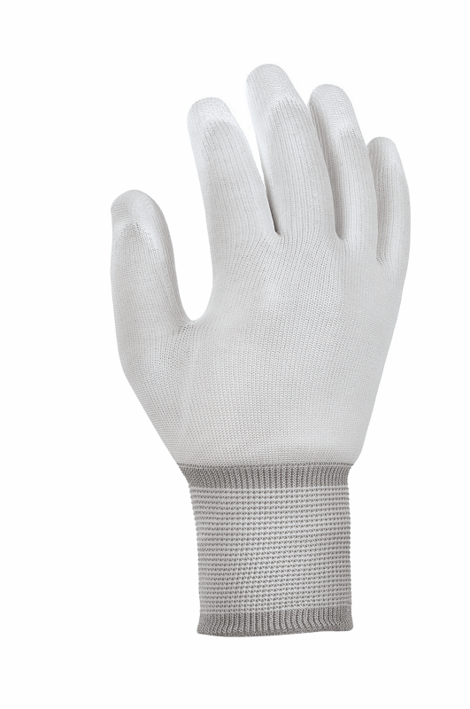 Polyester-Strickhandschuhe mit PU-Beschichtung, weiß | Größe M Finger und Innenhand mit Polyurethan-Beschichtung, Handrücken und Fingeroberseiten frei, Strickbund
