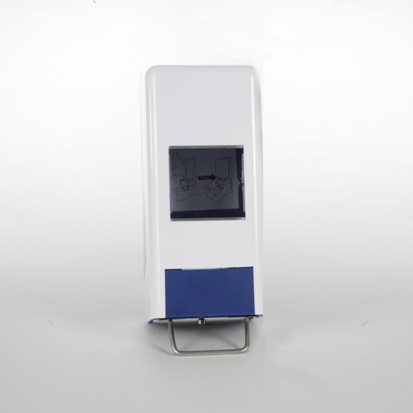 1er-System-Spender: Softflaschenspender/Universalspender geschlossen | weiß/blau für 1000/2000 ml Softflaschen/Faltflaschen mit Hautschutz-, Hautreinigungs- oder Hautpflegemittel