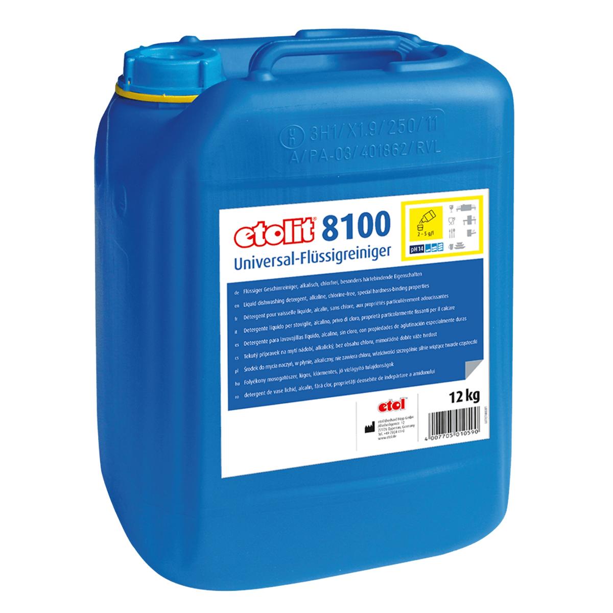 etolit 8100 | 12 kg flüssiger Geschirreiniger für gewerbliche Geschirrspülmaschinen, chlorfrei, hochalkalisch, stärkelösend, universell einsetzbar, geeignet für alle Wasserhärten