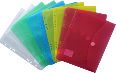 Dokumententaschen Sammelmappen Sichttaschen A5 quer transparent farbig sortiert- Dokumentenmappe zum Abheften mit EURO-Lochung, Abheftrand, Klappe und Klettverschluss - 10 Stück
