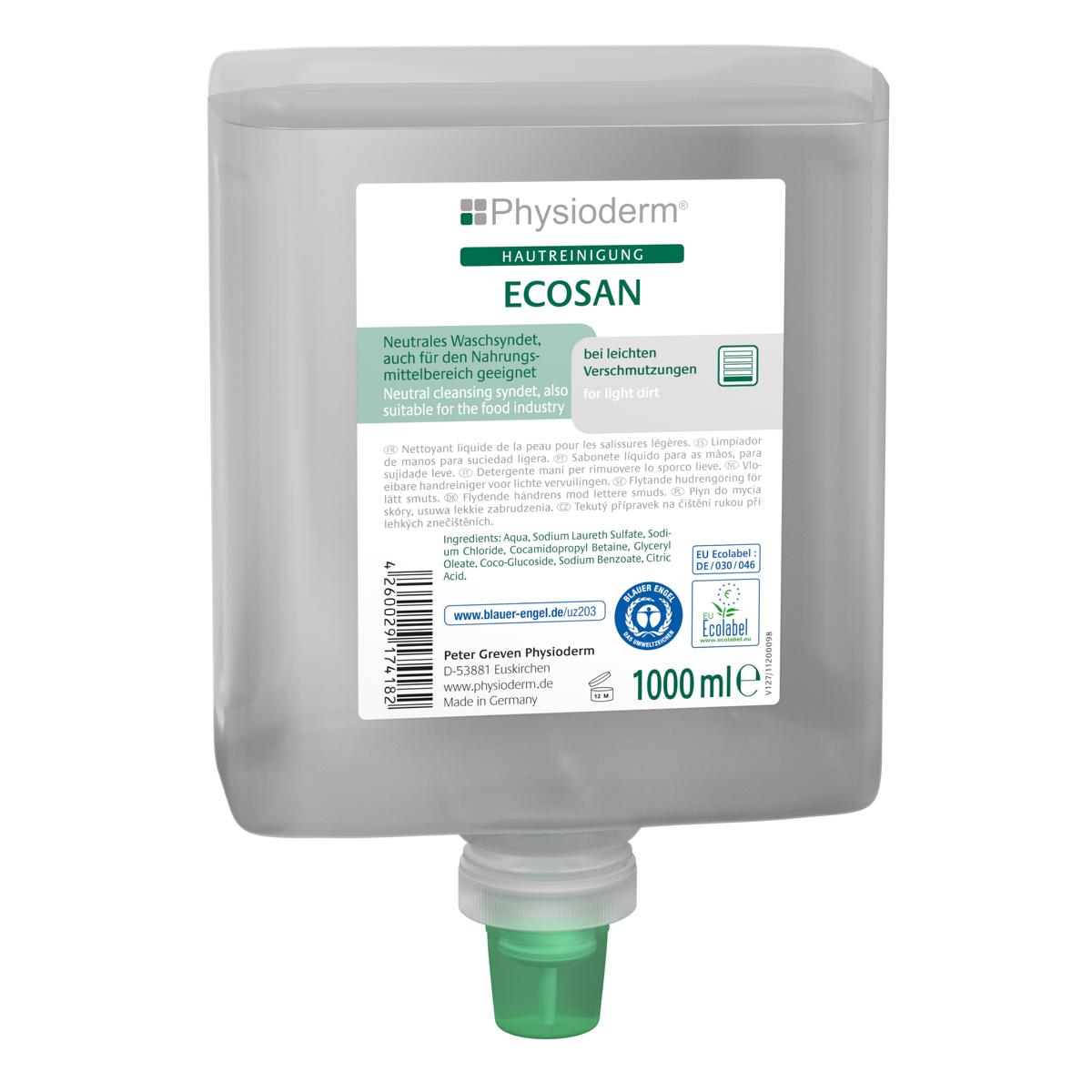 Physioderm® Ecosan | 1 Liter Neptunflasche Flüssigseife/Handwaschseife bei leichten Verschmutzungen, besonders geeignet für den Nahrungs- und Genussmittelbereich, passende Spender ||70334||, ||70485||