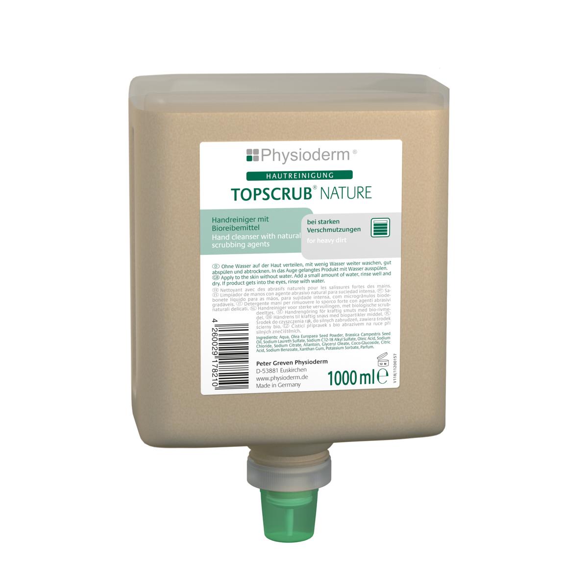 Physioderm® TOPSCRUB® NATURE | 1 Liter Neptunflasche Handreiniger mit Naturreibemittel für starke Verschmutzungen, z. B. bei Öl, Ruß, Graphit und Metallstaub, passende Spender ||70334||, ||70485||