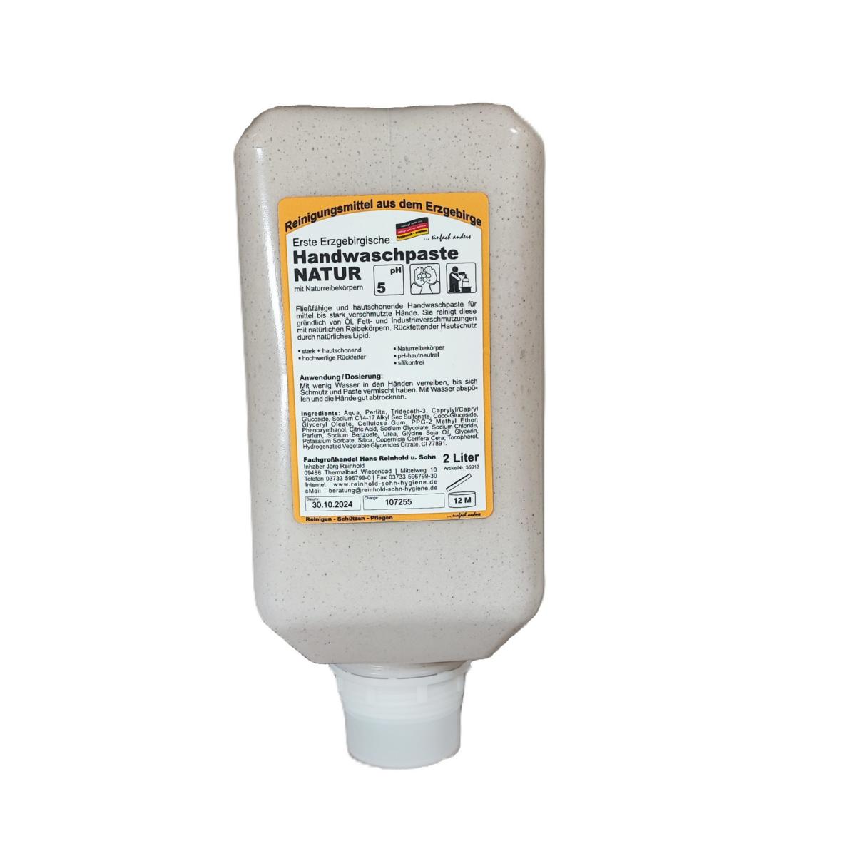 Erste Erzgebirgische Handwaschpaste NATUR |  2-Liter-Vario-Flasche mit Naturreibekörpern