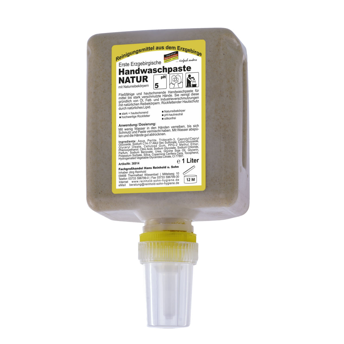 Erste Erzgebirgische Handwaschpaste NATUR |  1-Liter-Patrone mit Naturreibekörpern, passend für Spender ||70334|| (manuell) und ||70485|| (berührungslos)