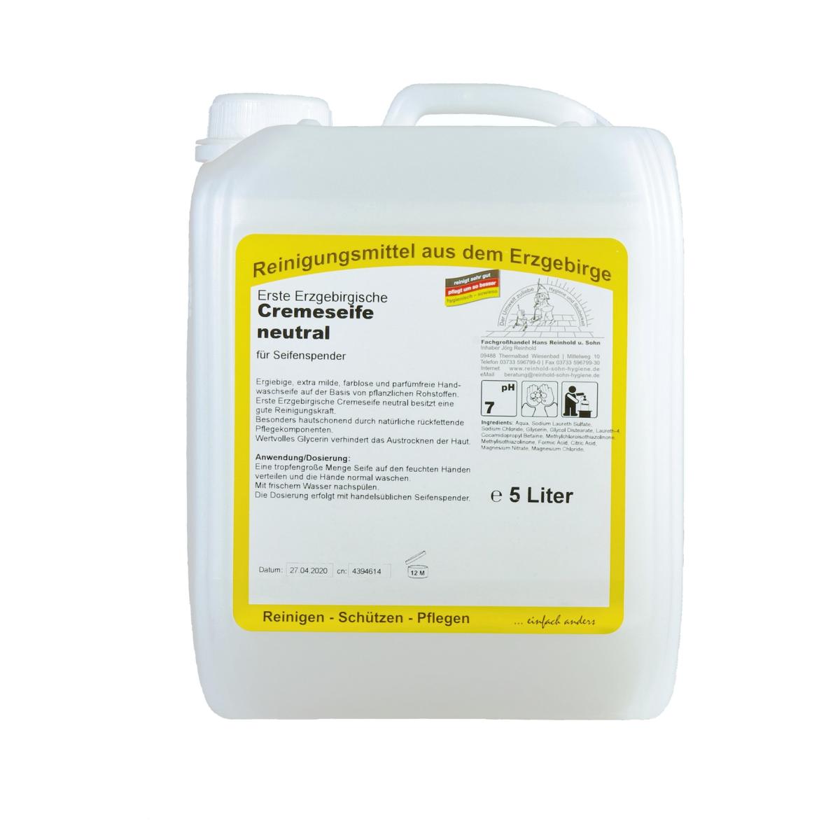 Erste Erzgebirgische Cremeseife neutral |  5 Liter dermatologisch getestet, parfümfrei, pH- neutral, für Seifenspender
