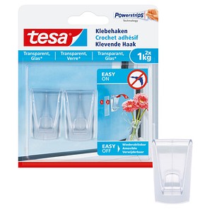 TESA Klebehaken, 2 Stück, für transparente Oberflächen und Glas, bis zu 1kg pro