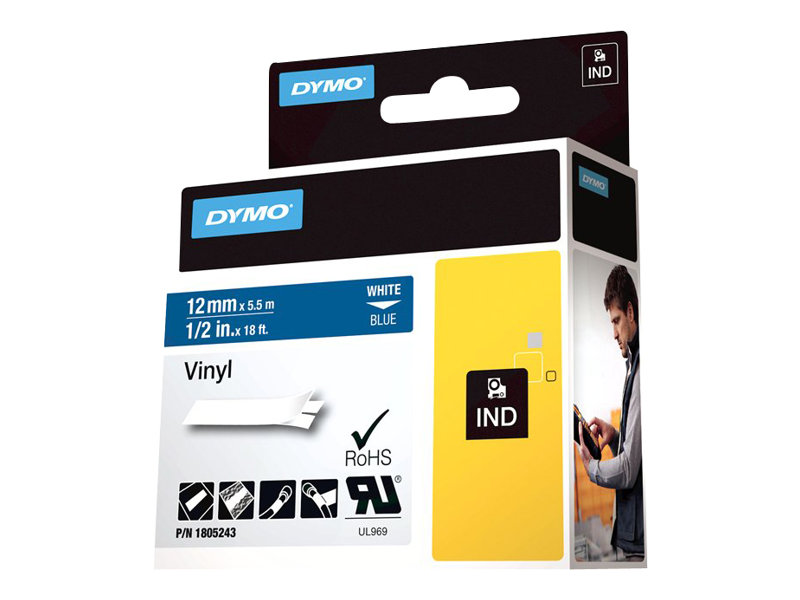 DYMO Rhino Band ID1 Vinyl weiss aufblau 12 mm x 5,5 m