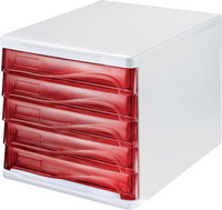 HELIT Schubladenbox, 5 Schübe, lichtgrau/rot-transparent aus Polystyrol/ABS, st