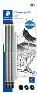 STAEDTLER Kohlestift Mars Lumograph charcoal, 4er Blister Sechskantstift, grau-