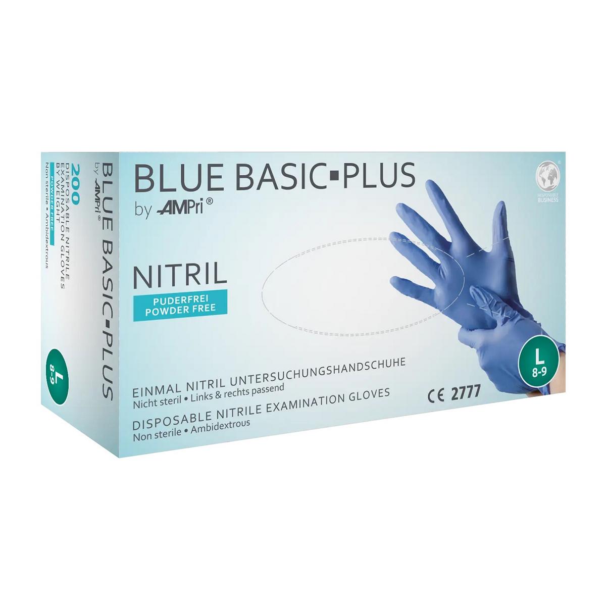>>Artikel ||66093|| verwenden>>Artikel nicht mehr im Sortiment Einweghandschuhe Nitril, puderfrei, blau, unsteril "Blue Basic Plus", 200 Stück/Box | Größen XSAQL 1,5, EN 455