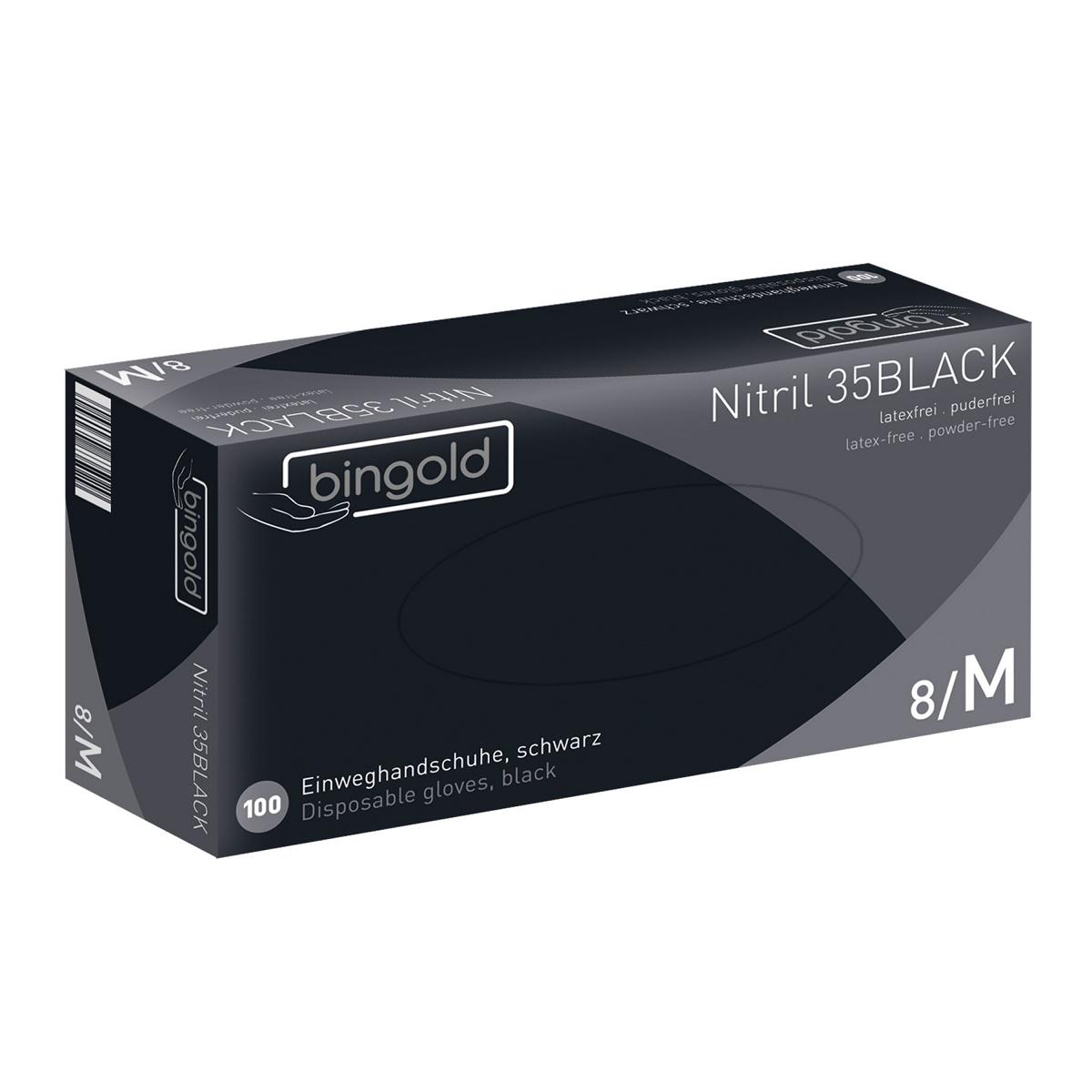 Einweghandschuhe Nitril puderfrei, schwarz "BINGOLD Nitril 35Black", 100 Stück/Box | Größe M unsteril, AQL 1,5, PSA-Kat.  III, Medizinprodukt Klasse 1, ehemals "BINGOLD Nitril 35"