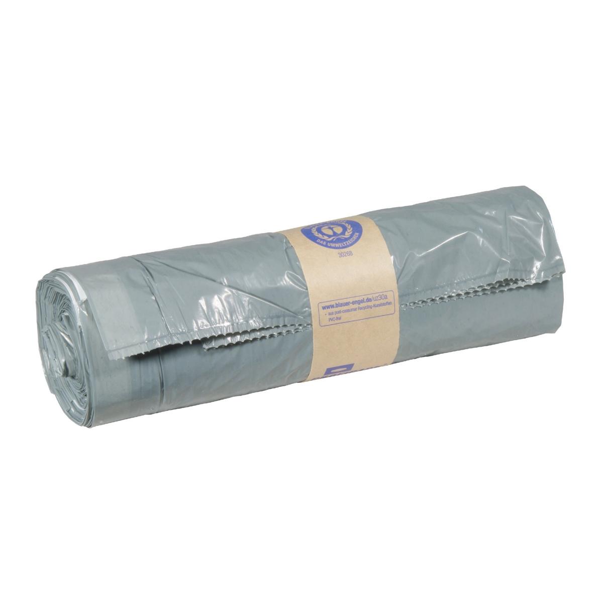 Müllbeutel 60 Liter, 30 µ, Typ 60, LDPE - Regenerat grau, 640 x 710 + 50 mm | 25 Stück/Rolle mit Zugband, Polyethylen, Zertifizierung Blauer Engel