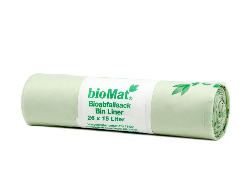 Müllbeutel  15 Liter, Bio-Müllbeutel hellgrün, 440 x 560 mm | 26 Stück/Rolle mit Henkel, kompostierbarer Bioabfallbeutel, Rolle mit Banderole, grüner Standardaufdruck>>Abverkauf, danach nur noch als 20 Liter verfügbar