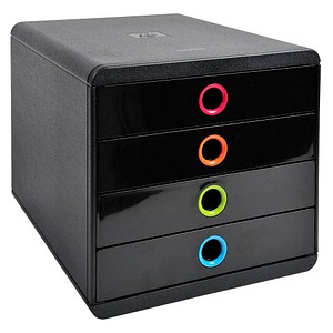 Exacompta Schubladenbox POP-BOX  schwarz mit bunten Grifflöchern DIN A4 mit 4 Schubladen