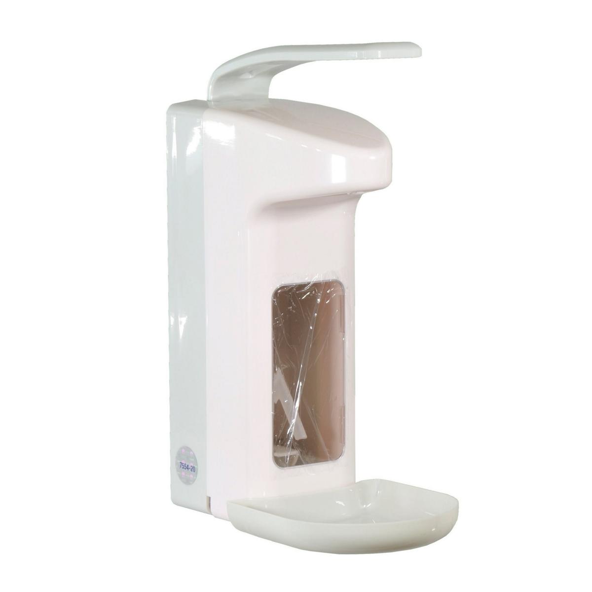 Armhebelspender für  500-ml-Flaschen, Farbe weiß/grau mit Auffangschale/Tropfschale, Gehäuse und Armhebel aus Kunststoff, geschlossenes System
