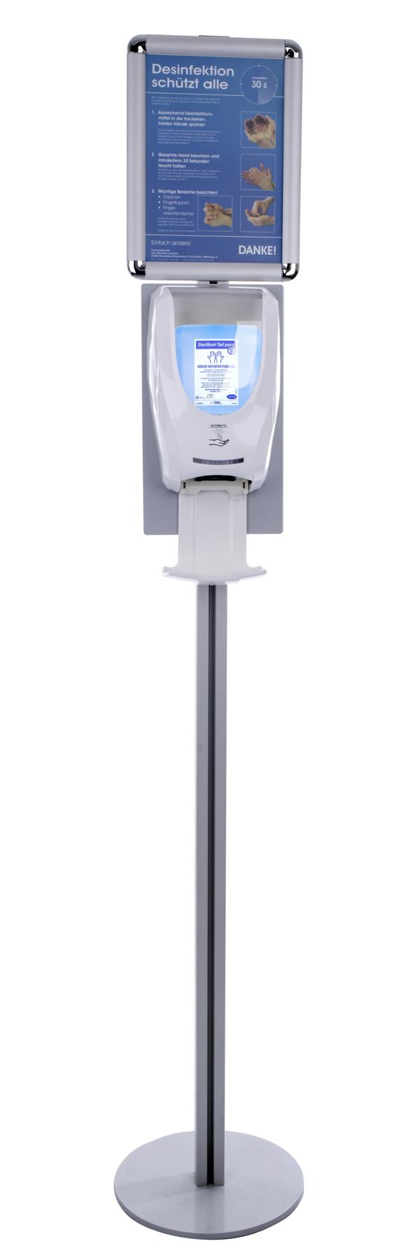 Mobile Desinfektionsstation, berührungsloser Desinfektionsspender, Sensor gesteuert mit Funktionsanzeigebestehend aus (Stückliste): - 1 x Automatischer & Berührungsloser Spender (Artikel 70485)- 1 x Auffangschale/Tropfschale (Artikel 70487)- 1 x Informationstafel (36624)- 1 x Aluminium Ständer (Ständerprofil 70484, Bodenplatte 70294, Montageplatte 70295)(Desinfektionsmittel wird gesondert gebucht)