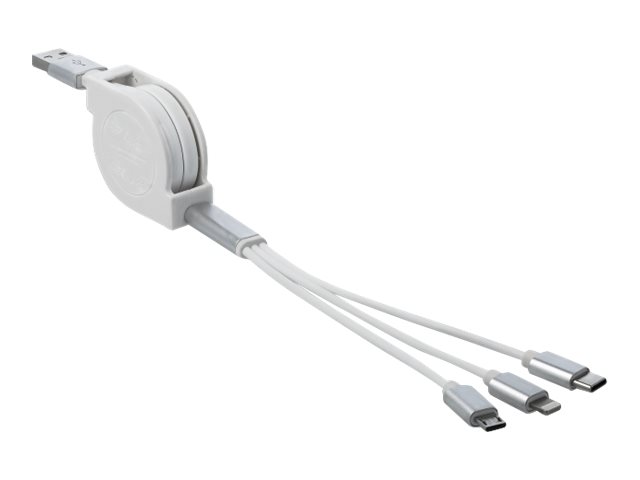 DELOCK USB 3 in 1 Aufrollladekabel für Lightning / Micro USB / USB Type-C weiß