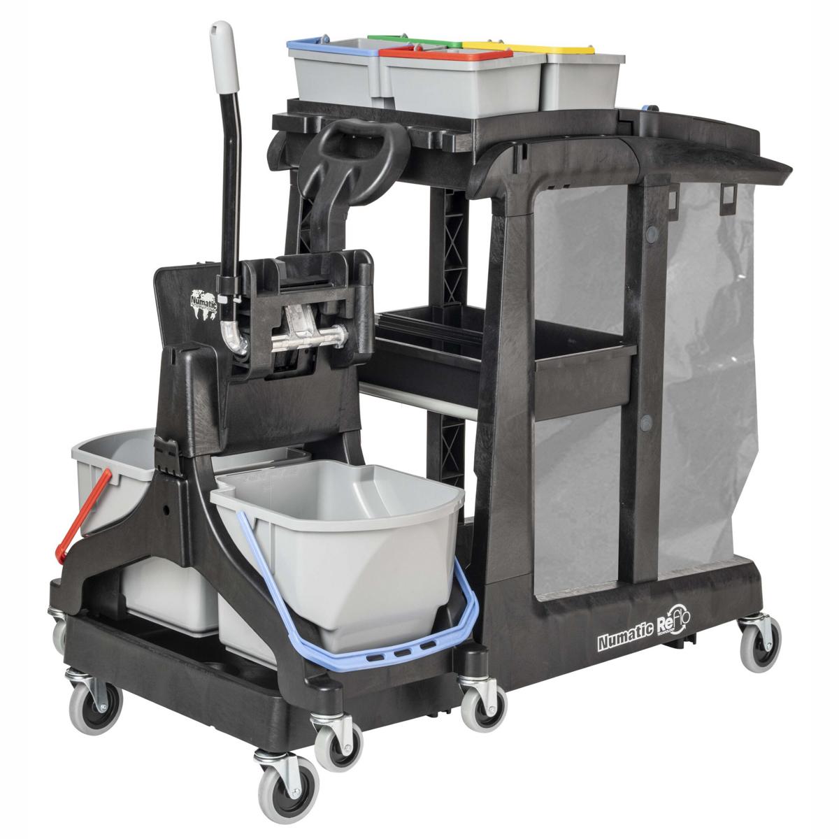Reinigungswagen "EcoMatic EM 3B", anthrazit | 2 x 16 Liter inklusive 120 Liter Abfalleinheit, 4 x 5 Liter Oberflächeneimer, mit Doppelfahrwagen MidMop Black