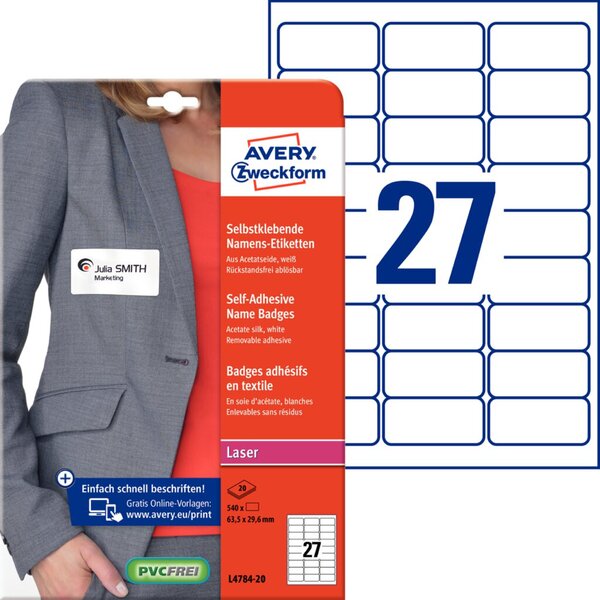 AVERY Etikett 63,5x29,6mm Namen weiss Acetatseide nur fuer Laserdrucker 20 Boeg