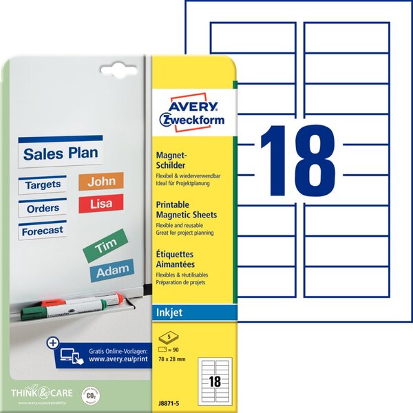 AVERY Magnet Schilder für Inkjet 78x28mm microp. Ink 5 Boegen DIN A4 spezialbes AVERY Magnet Schilder für Inkjet 78x28mm microp. Ink 5 Boegen DIN A4 spezialbes