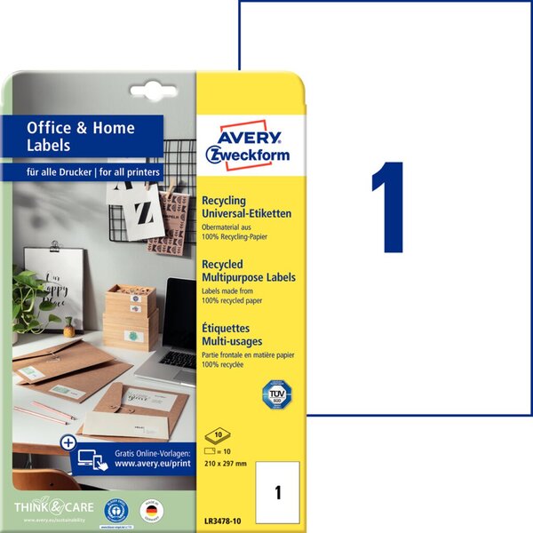 AVERY ZWECKFORM 10 Etiketten LR3478-10 weiß 210.0 x 297.0 mm (LR3478-10)
