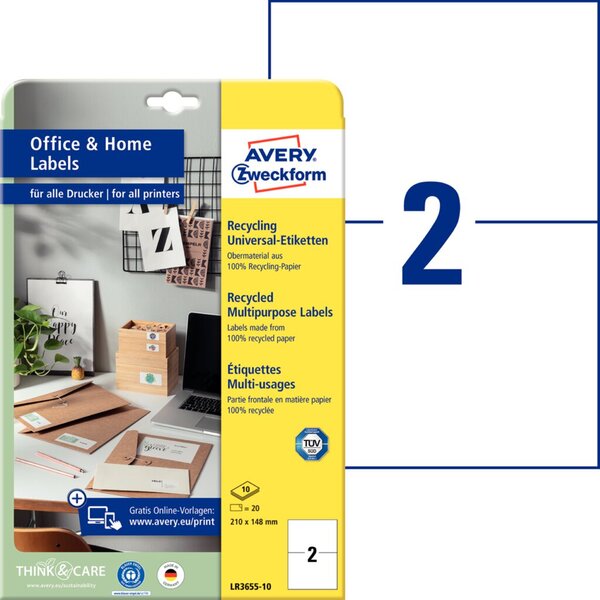 AVERY ZWECKFORM 20 Etiketten LR3655-10 weiß 210.0 x 148.0 mm (LR3655-10)