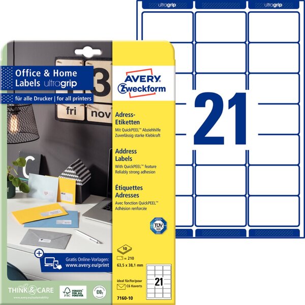 AVERY ZWECKFORM 210 Adressetiketten 7160-10 weiß 63.5 x 38.1 mm (7160-10)