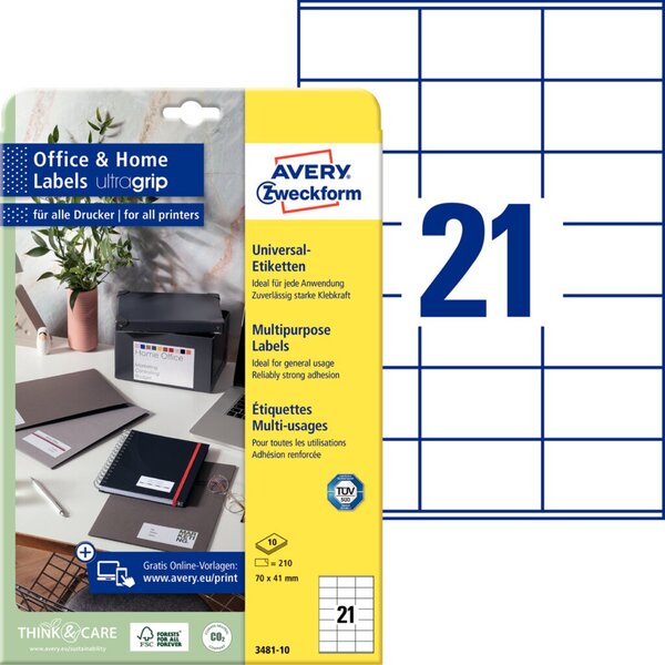 AVERY ZWECKFORM 210 Etiketten 3481-10 weiß 70,0 x 41,0 mm (3481-10)
