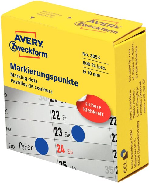 AVERY ZWECKFORM Markierungspunkte blau; 1 Rolle = 800 St.