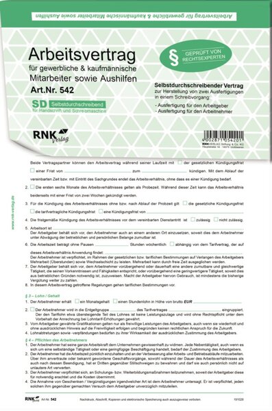 Arbeitsvertrag A4 2x2Bl. SD f. gewerbliche Arbeitnehmer