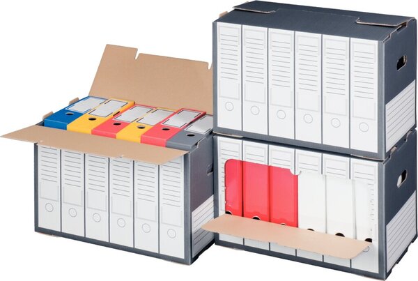 Archivbox für Ordner, grau, mit perforiertem Frontdeckel zum öffnen