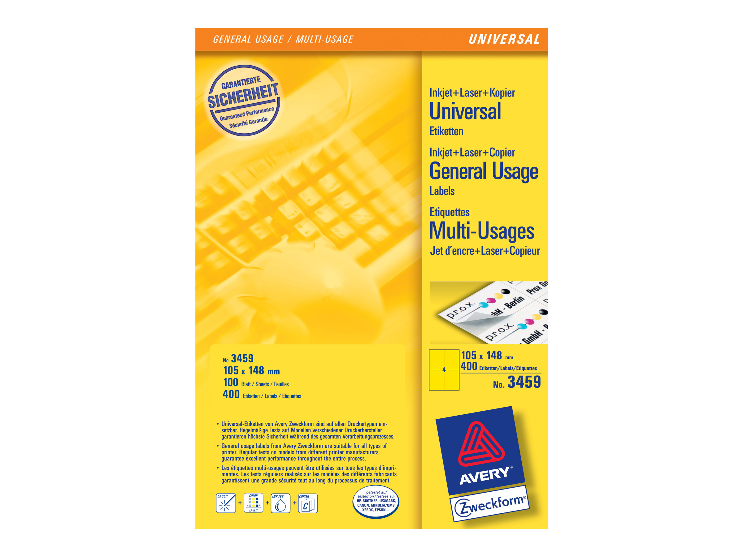 Avery Zweckform Etiketten 3459, 105 x 148 mm InkjetLaserCopy gelb